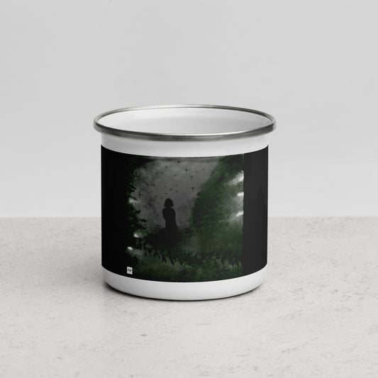 Enamel Mug "Girl in the Night Forest Artwork in Black BG" + Logo