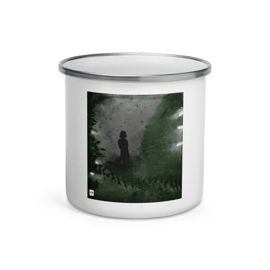 Enamel Mug "Girl in the Night Forest Artwork in Clear BG" + Logo