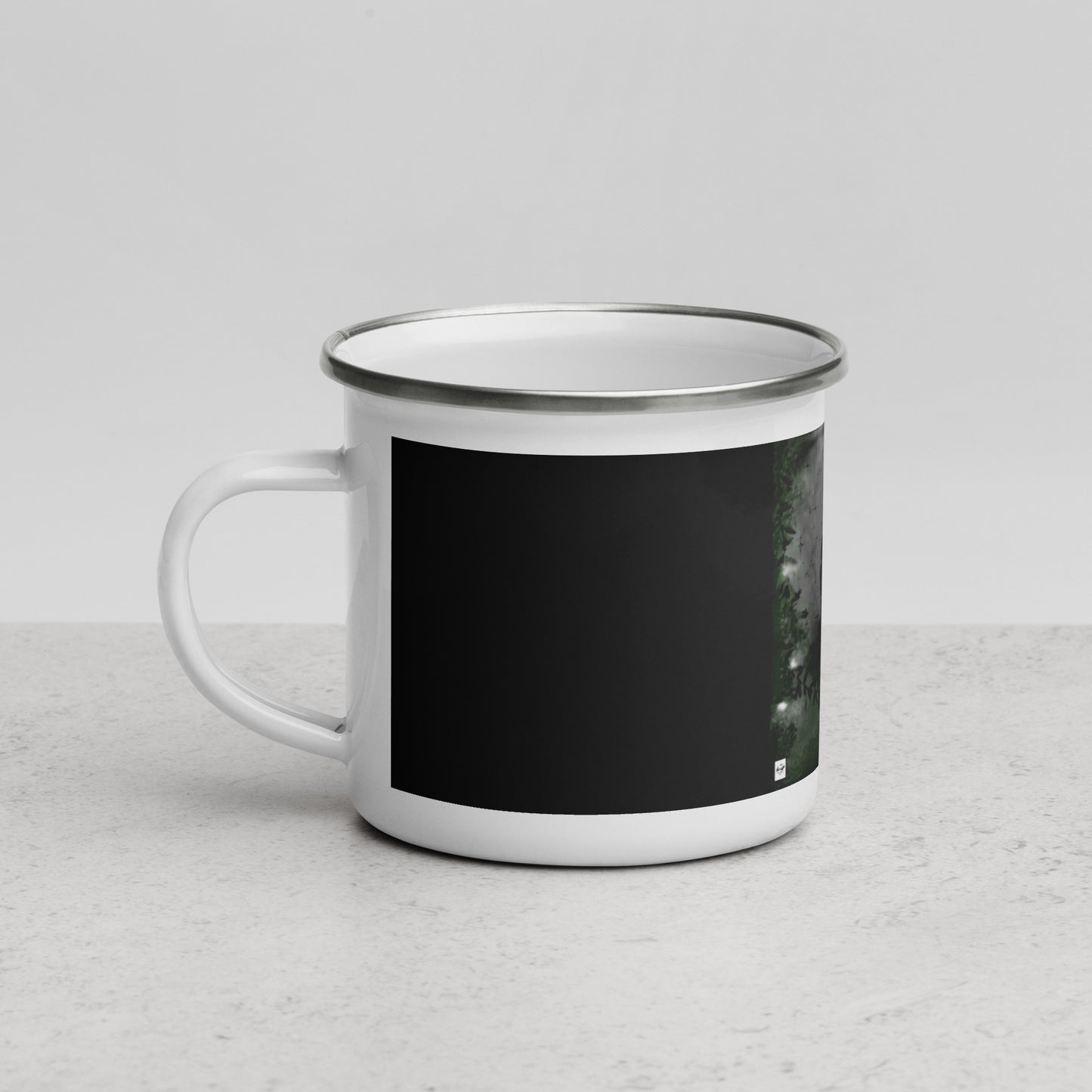 Enamel Mug "Girl in the Night Forest Artwork in Black BG" + Logo