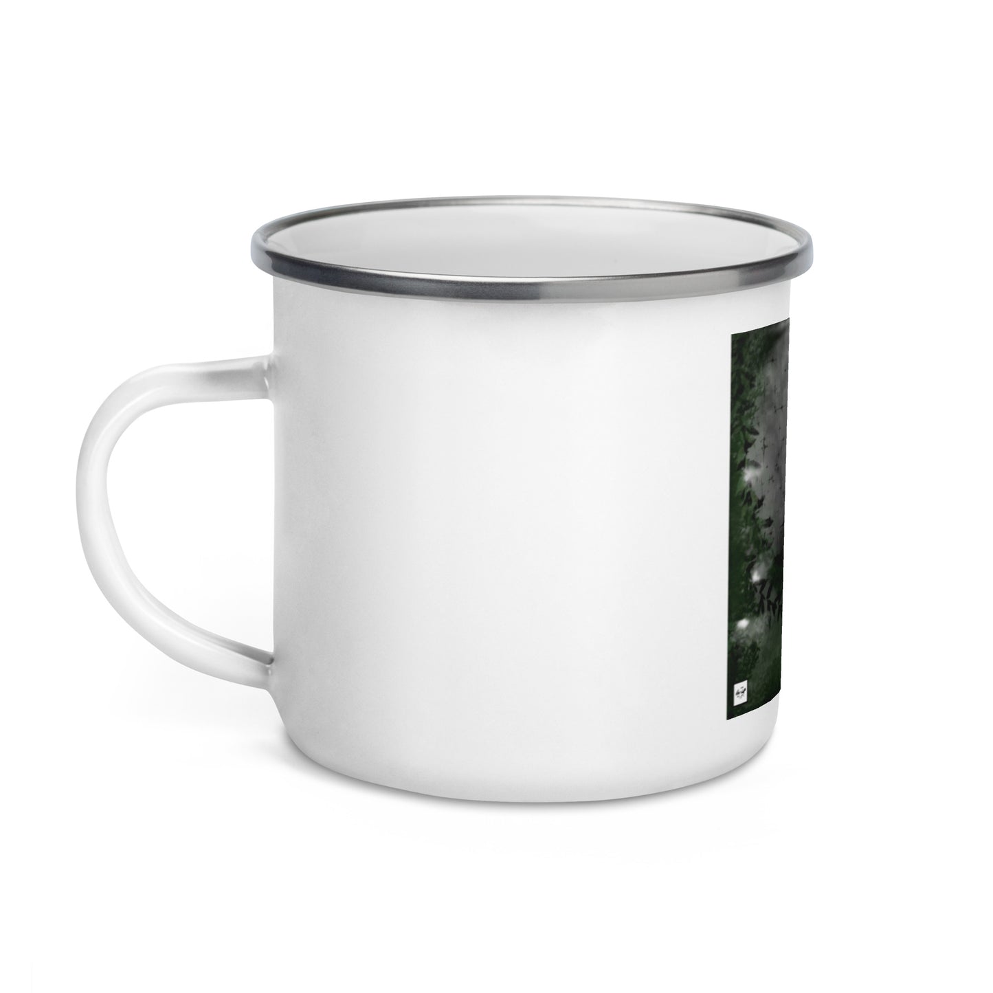 Enamel Mug "Girl in the Night Forest Artwork in Clear BG" + Logo