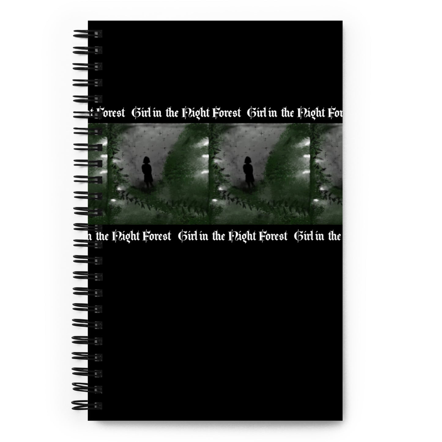 Spiral notebook "Girl in the Night Forest Artwork" horizontal design + Logo and credit