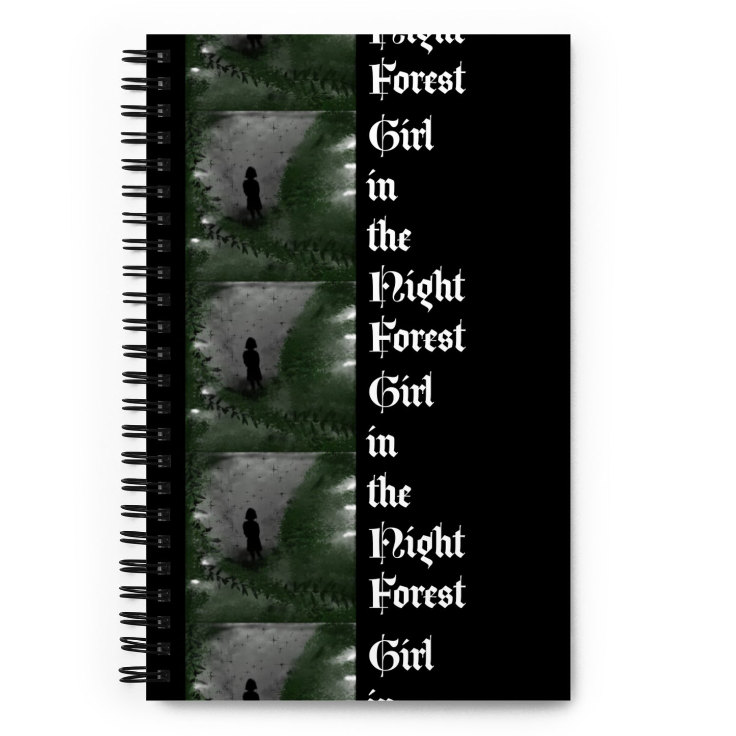 Spiral notebook "Girl in the Night Forest Artwork" vertical design + Logo and credit