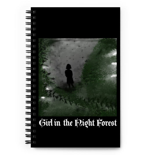 Spiral notebook "Girl in the Night Forest Artwork" main image in Black BG + Logo and credit