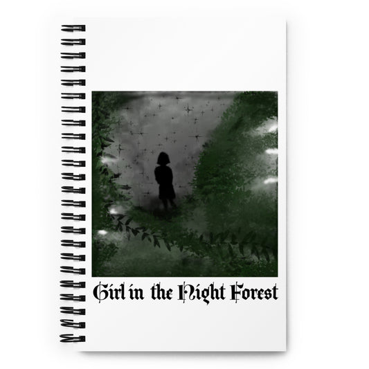 Spiral notebook "Girl in the Night Forest Artwork" main image in Clear BG + Logo and credit