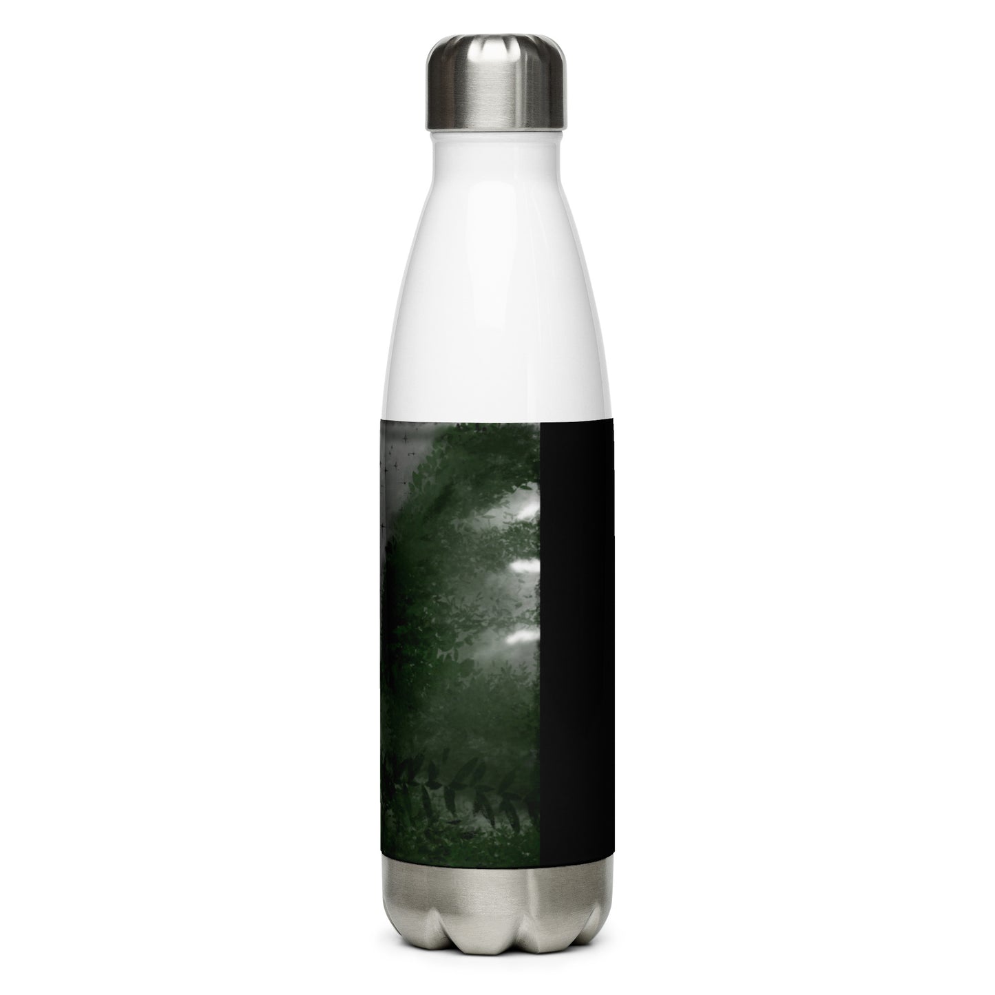 Stainless Steel Water Bottle "Girl in the Night Forest Artwork in Black BG" + Logo