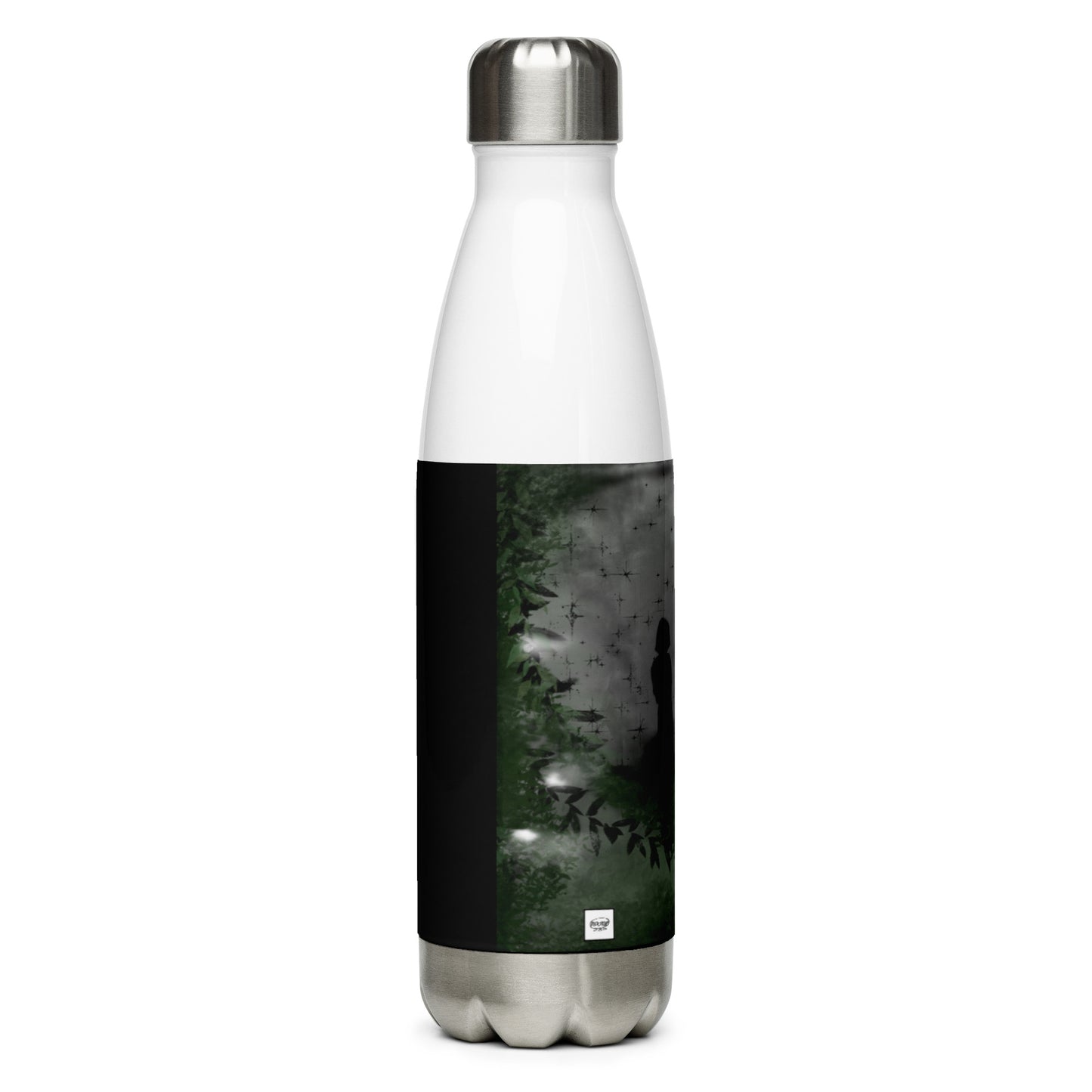 Stainless Steel Water Bottle "Girl in the Night Forest Artwork in Black BG" + Logo