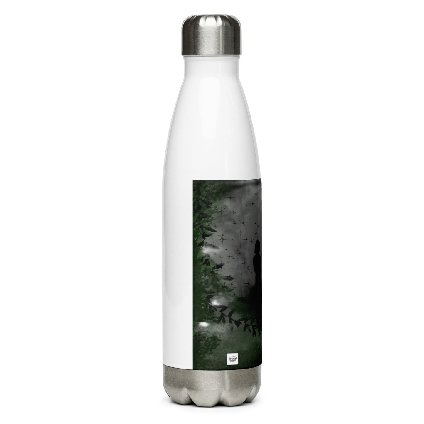 Stainless Steel Water Bottle "Girl in the Night Forest Artwork in Clear BG" + Logo